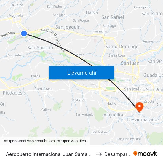 Aeropuerto Internacional Juan Santamaría, Alajuela to Desamparados map