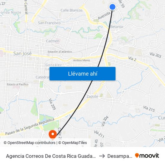 Agencia Correos De Costa Rica Guadalupe, Goicoechea to Desamparados map