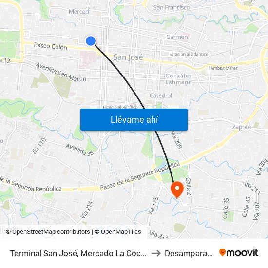 Terminal San José, Mercado La Coca Cola to Desamparados map