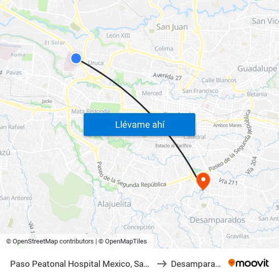 Paso Peatonal Hospital Mexico, San José to Desamparados map