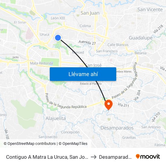 Contiguo A Matra La Uruca, San José to Desamparados map