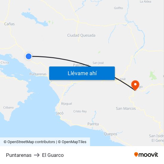 Puntarenas to El Guarco map