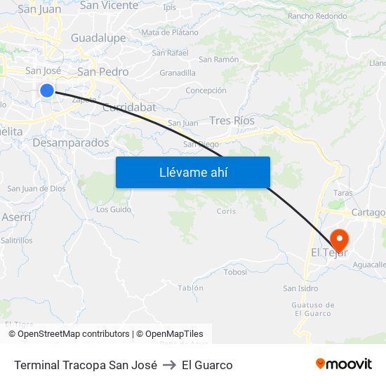 Terminal Tracopa San José to El Guarco map