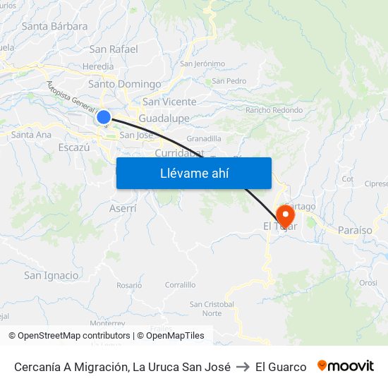 Cercanía A Migración, La Uruca San José to El Guarco map