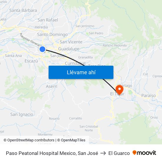 Paso Peatonal Hospital Mexico, San José to El Guarco map