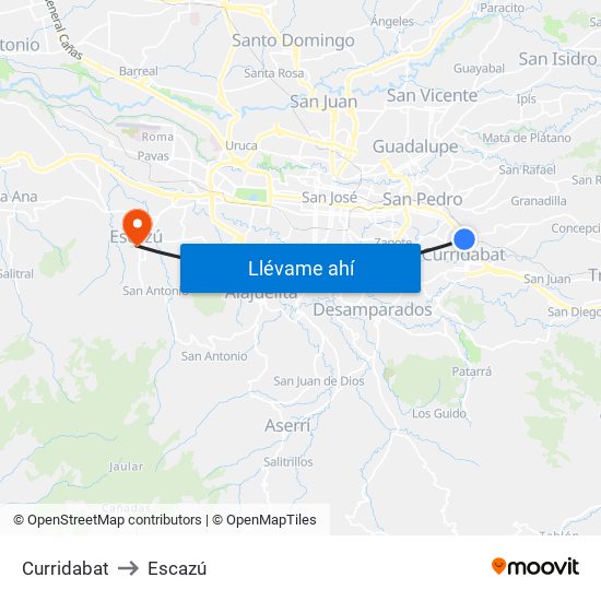 Curridabat to Escazú map