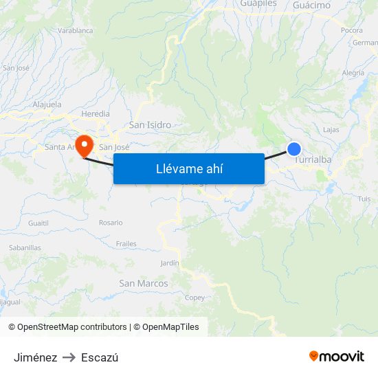 Jiménez to Escazú map