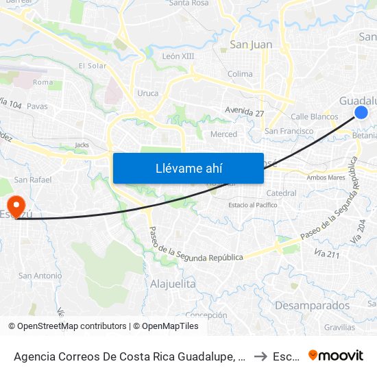 Agencia Correos De Costa Rica Guadalupe, Goicoechea to Escazú map