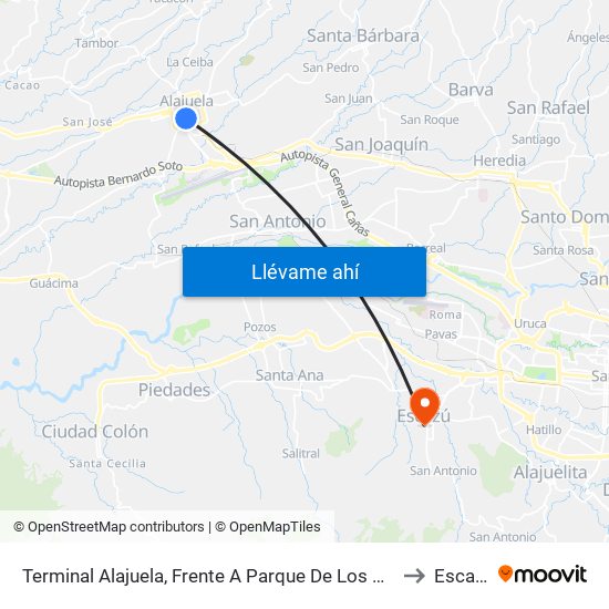 Terminal Alajuela, Frente A Parque De Los Niños to Escazú map