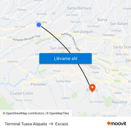 Terminal Tuasa Alajuela to Escazú map