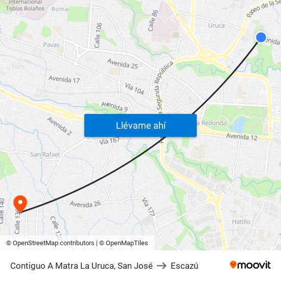 Contiguo A Matra La Uruca, San José to Escazú map