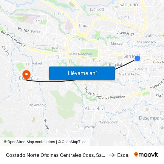 Costado Norte Oficinas Centrales Ccss, San José to Escazú map