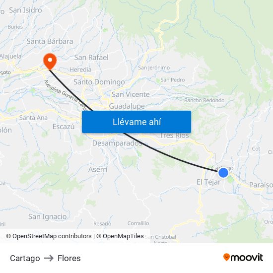 Cartago to Flores map