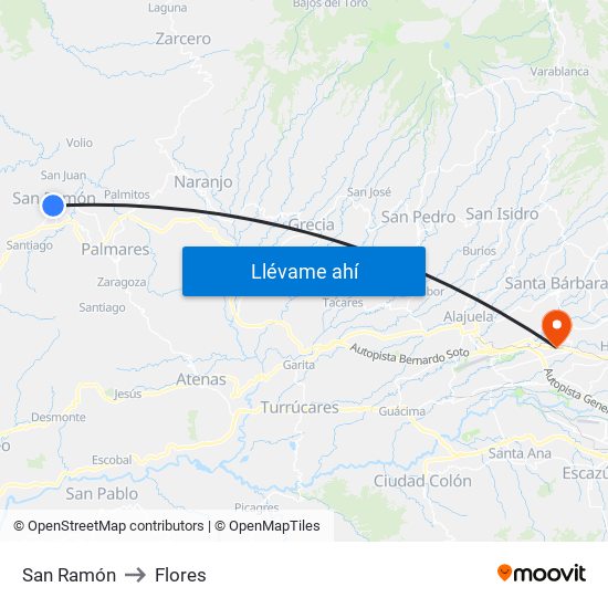 San Ramón to Flores map