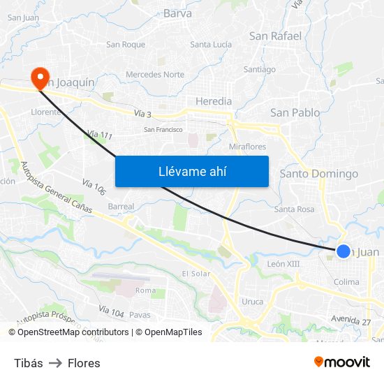 Tibás to Flores map