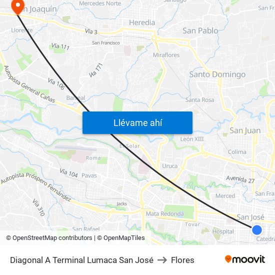Diagonal A Terminal Lumaca San José to Flores map