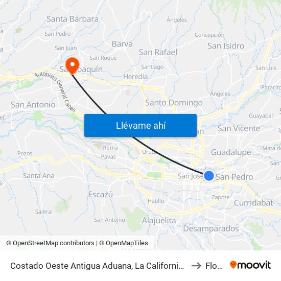 Costado Oeste Antigua Aduana, La California San José to Flores map