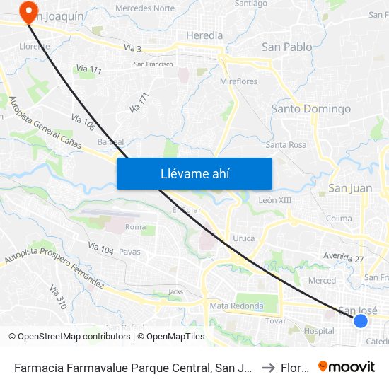 Farmacía Farmavalue Parque Central, San José to Flores map