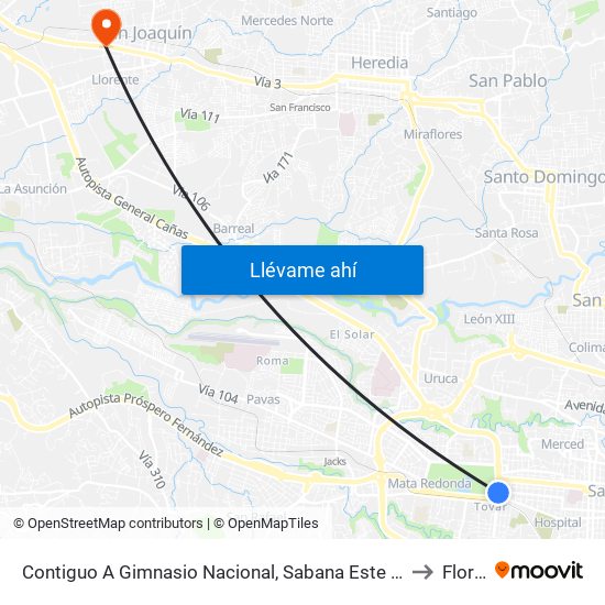Contiguo A Gimnasio Nacional, Sabana Este San José to Flores map