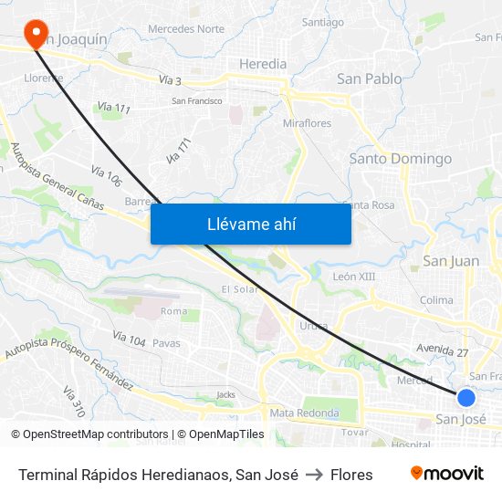 Terminal Rápidos Heredianaos, San José to Flores map