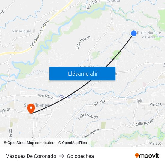 Vásquez De Coronado to Goicoechea map