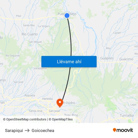 Sarapiquí to Goicoechea map