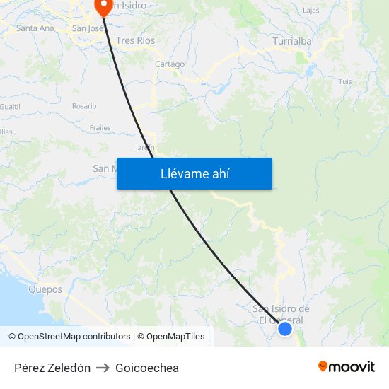 Pérez Zeledón to Goicoechea map