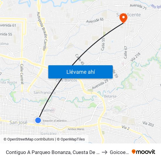 Contiguo A Parqueo Bonanza, Cuesta De Moras San José to Goicoechea map