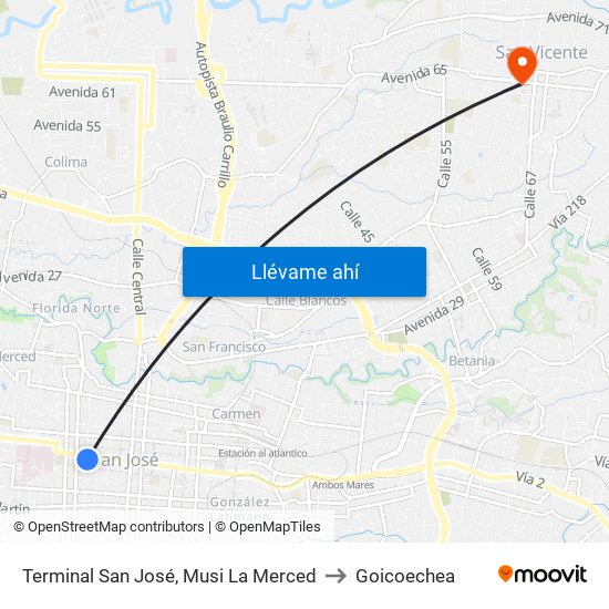 Terminal San José,  Musi La Merced to Goicoechea map