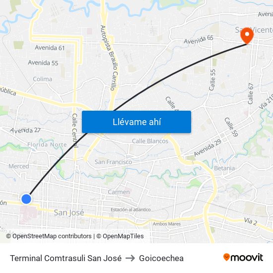 Terminal Comtrasuli San José to Goicoechea map