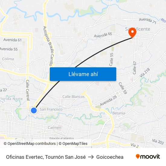 Oficinas Evertec, Tournón San José to Goicoechea map