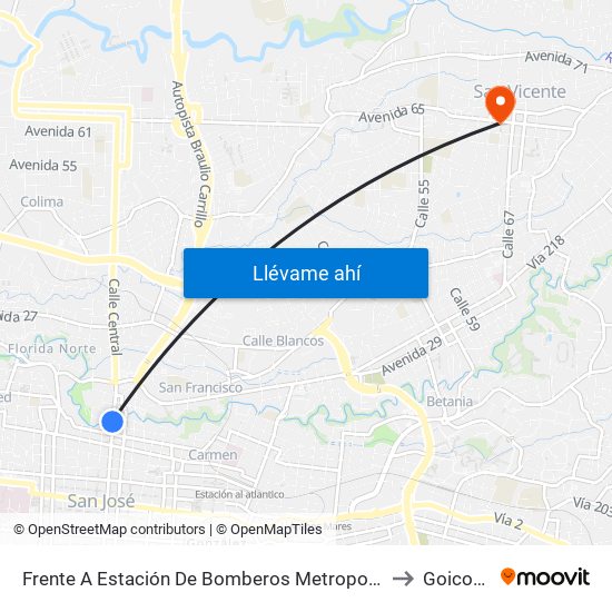 Frente A Estación De Bomberos Metropolitana Norte, San José to Goicoechea map