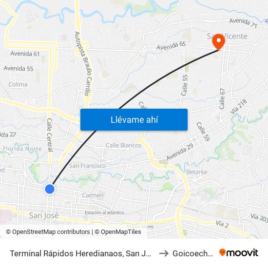 Terminal Rápidos Heredianaos, San José to Goicoechea map