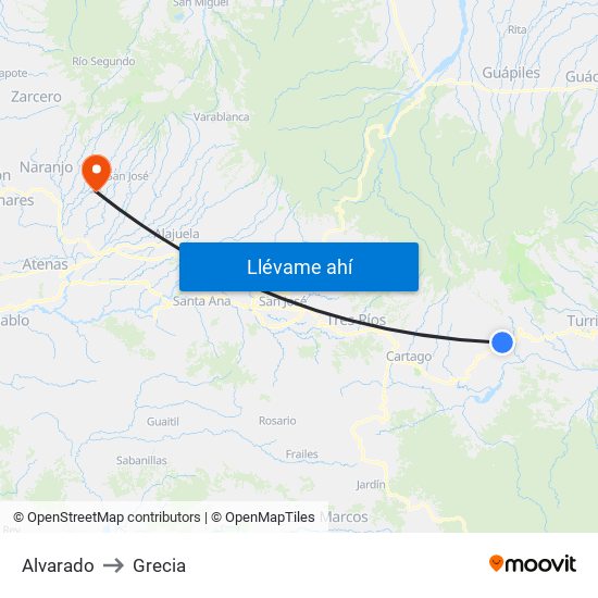 Alvarado to Grecia map