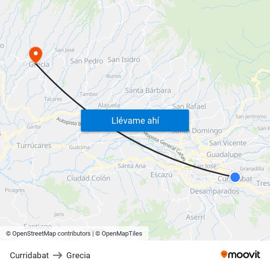 Curridabat to Grecia map