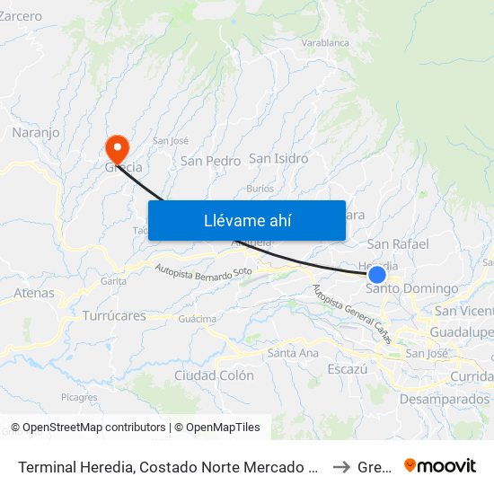 Terminal Heredia, Costado Norte Mercado Heredia to Grecia map