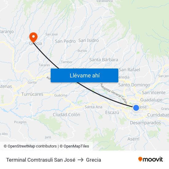 Terminal Comtrasuli San José to Grecia map