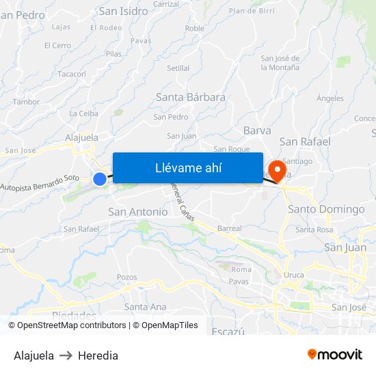 Alajuela to Heredia map