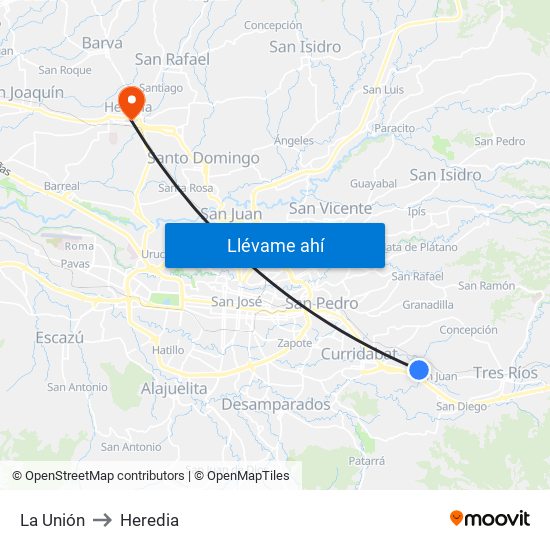 La Unión to Heredia map