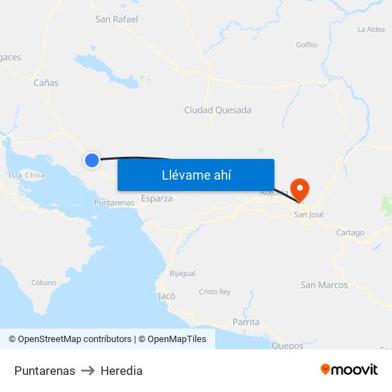 Puntarenas to Heredia map