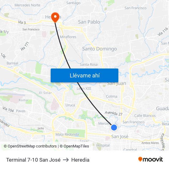 Terminal 7-10 San José to Heredia map