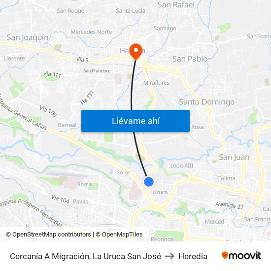 Cercanía A Migración, La Uruca San José to Heredia map