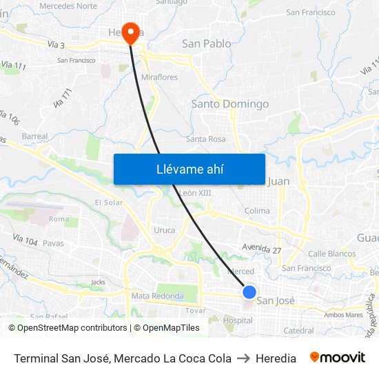 Terminal San José, Mercado La Coca Cola to Heredia map