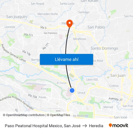 Paso Peatonal Hospital Mexico, San José to Heredia map