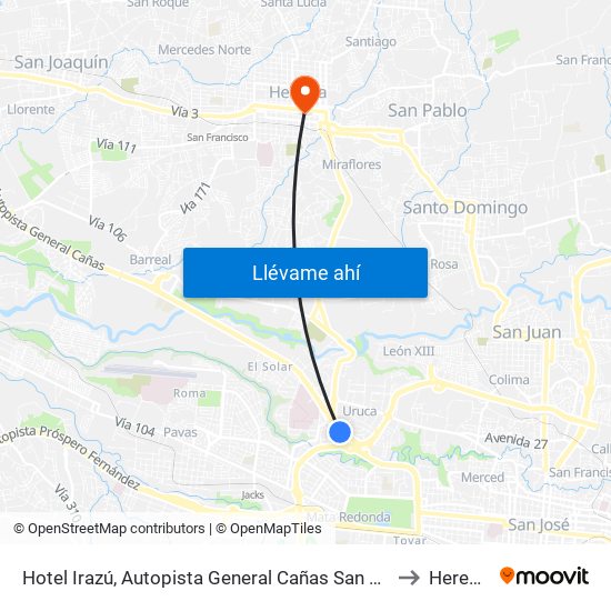 Hotel Irazú, Autopista General Cañas San José to Heredia map