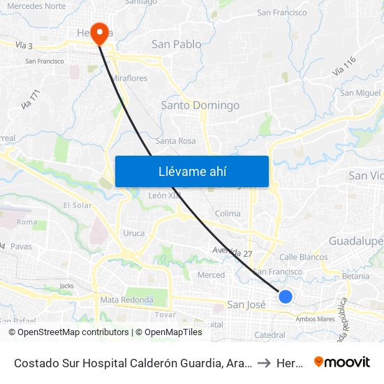 Costado Sur Hospital Calderón Guardia, Aranjuez San José to Heredia map