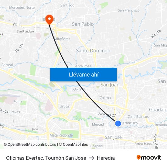 Oficinas Evertec, Tournón San José to Heredia map