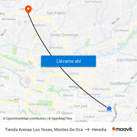 Tienda Arenas Los Yoses, Montes De Oca to Heredia map