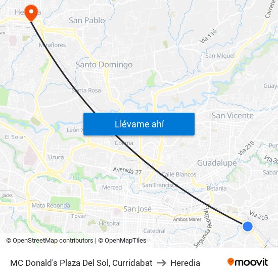 MC Donald's Plaza Del Sol, Curridabat to Heredia map