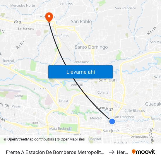 Frente A Estación De Bomberos Metropolitana Norte, San José to Heredia map